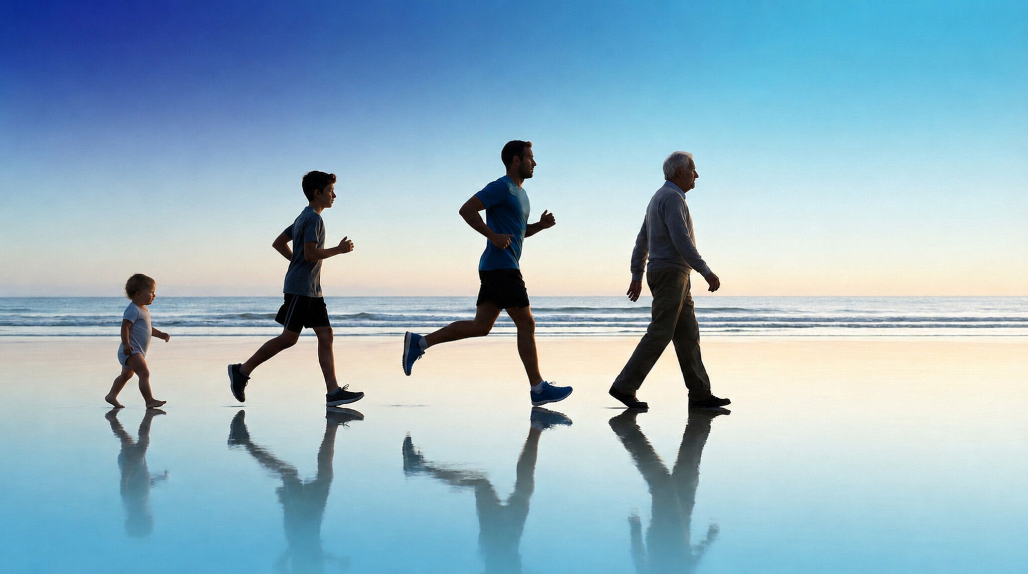 Personas caminando y corriendo en distintas etapas de la vida